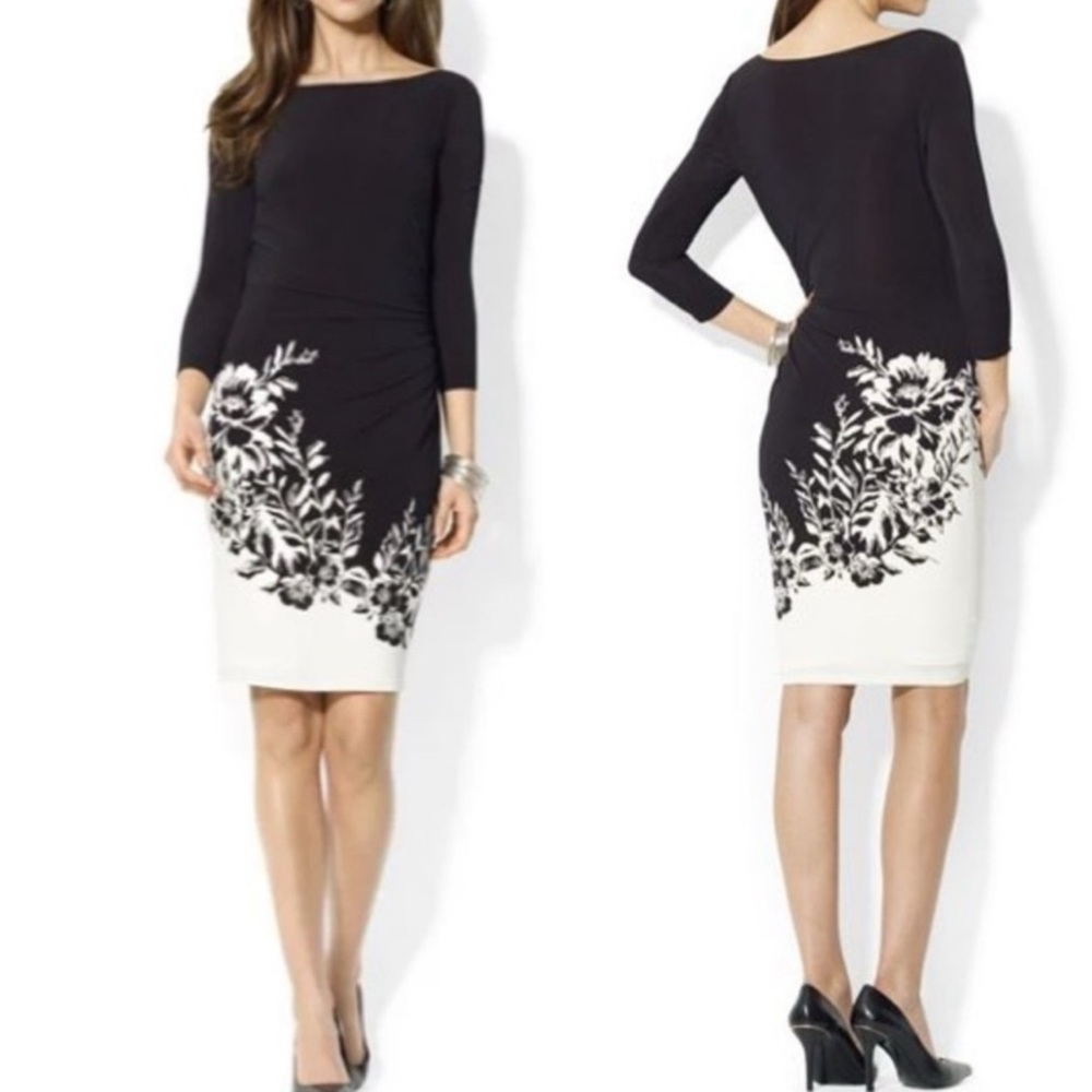 Lauren Ralph Lauren Black White Floral Sheath Women Midi Dress Sz 16W Modest - Picture 1 of 9